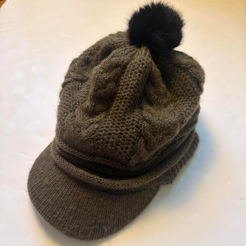 S.B Olive Green Cable Knit Pom Newsboy Cap Y2K Twee Indie Slouchy Paperboy Hat